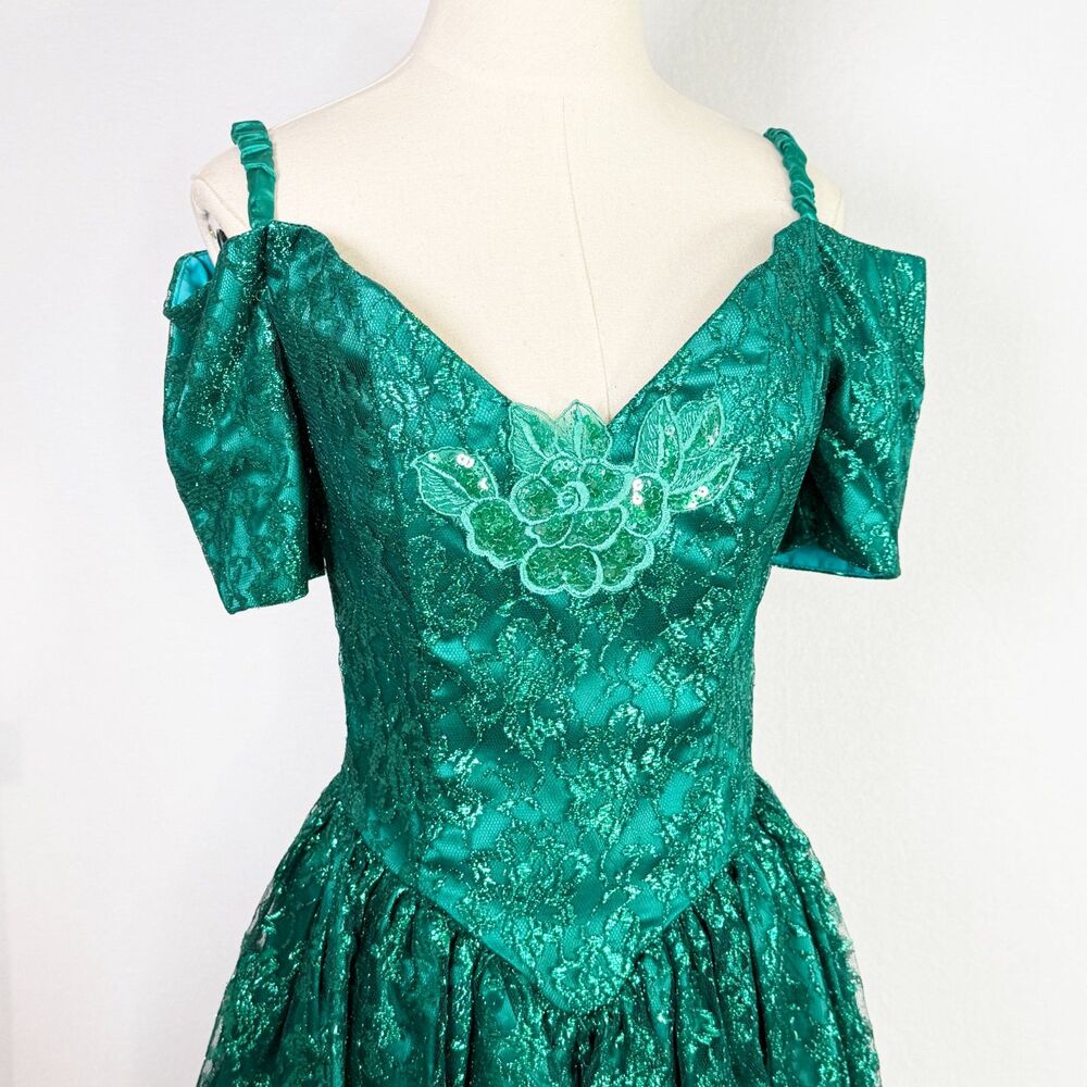 Gunne Sax | Metallic Shiny Forest Green Lace Fairy Dream Winter Dress | Sz 6 - Picture 10 of 14